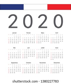 Square french 2020 year vector calendar. Week starts from Sunday.