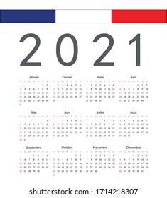 Calendario vectorial cuadrado francés 2021 año. La semana empieza el domingo.