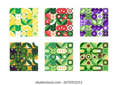 Mosaico quadrado de frutas e legumes em uma ilustração vetorial