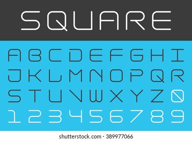 Square futuristic alphabet and number with rounded corner Thin isolated font Techno style Space design for web or print Vector abc