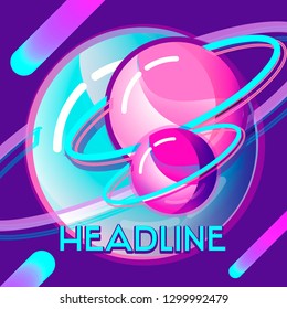 Square  futuristic concept. Motion rainbow geometry, night sky with planets.Playful, glowing and fun.Used as back for game , 90's style background, web banner. Vector layout with space for text.