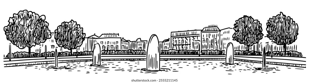 square in Geneva surrounded by modern fountains, doodle hatching vector sketch, panoramic view