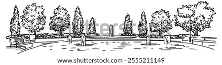square in Geneva surrounded by modern fountains, doodle hatching vector sketch, panoramic view