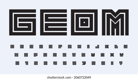 Square geometric alphabet, bold contours square letters and numbers set. Lines road and maze stylization vector typographic design. Minimal typography for modern unusual magazine headlines and logos