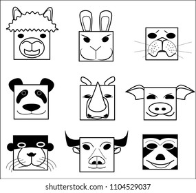 Square geometric animal heads bundle. Outline vector illustration of various pets and wild beasts. Blocky line art avatars suitable for icons, logos, and mascots isolated on white background
