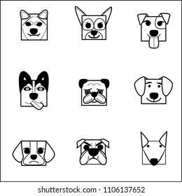 Square geometric animal heads bundle. Outline vector illustration of various pets and wild beasts. Blocky line art avatars suitable for icons, logos, and mascots isolated on white background