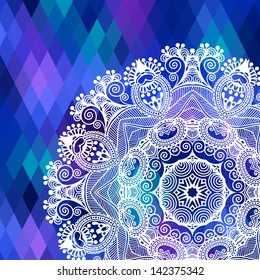square geometric composition with ethnic flower circle design, color pattern background