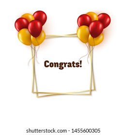 A square geometric frame in gold with a bunch of red and yellow balloons on white background. Vector greeting card Birthday or Black Friday Sale concept