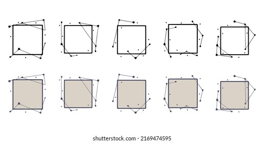 Square geometric frame in hand drawn style. Abstract templates for titles or inscriptions, set of shapes made from lines and dots.
