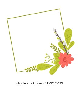 Square geometric frame with willow tulips and leaves. Vector illustration in a flat style isolated on white background
