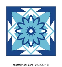Square with geometric ornaments. Blue tile.