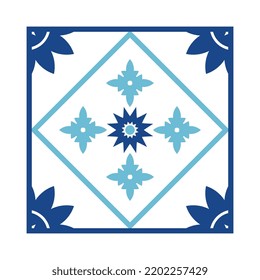 Square with geometric ornaments. Blue tile.