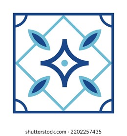 Square with geometric ornaments. Blue tile.