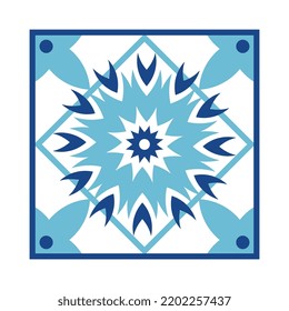 Square with geometric ornaments. Blue tile.