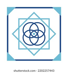 Square with geometric ornaments. Blue tile.