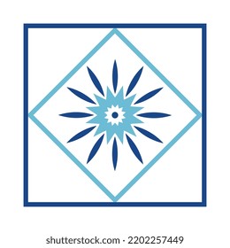 Square with geometric ornaments. Blue tile.