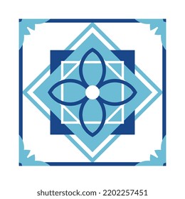 Square with geometric ornaments. Blue tile.