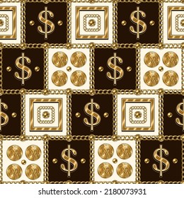 Square geometric pattern with gold dollar sign, coins, chains, ball beads. Diagonal ornament with dark brown and white squares. Vector Illustration.