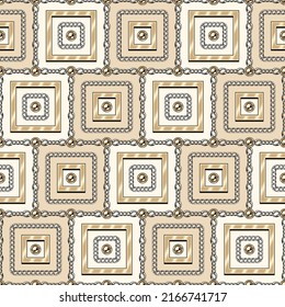 Square geometric pattern with silver steel chains, ball beads, shiny metal square frames. Diagonal ornament with beige and white squares. Pale pastel colors. Vector Illustration.