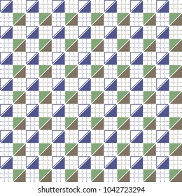 Square geometric pattern with triangle and dots. Repeated background. Mix of square, triangle, and dots elements give a contrast and cheerful mood.