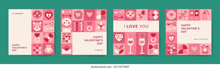 Square geometric Poster template Happy Valentine's Day set. Simple icons, hearts, flower in flat style. Trendy Love and romantic greeting card, post, banner cover. Bear, letter gift eye glass ring cup