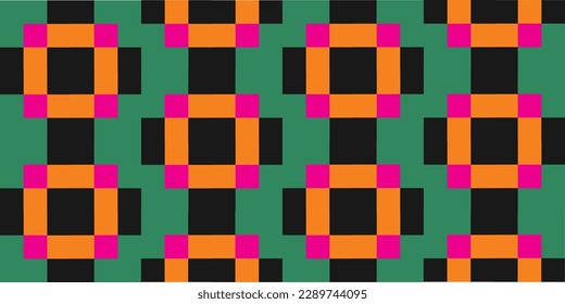 Square geometric retro pop repeat pattern design vector in bright orange, pink, and green colors