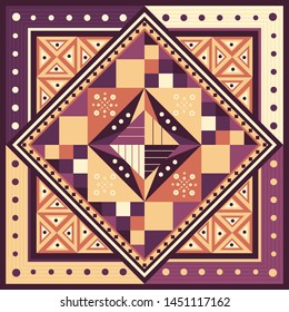 square geometric violet, yellow, orange ethnic seamless background with mosaic pattern of triangles, squares, dots, lines.