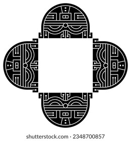 Viereckiger geometrischer Tierrahmen mit vier stilisierten abgerundeten Katzenköpfen. Indianisches amerikanisches Tierdesign aus dem antiken Peru. Paracas-Textilien. Schwarz-Weiß-Silhouette.