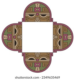 Square geometrical animal frame with four stylized rounded heads of cat. Native American animal design of ancient Peru. Paracas textile. Isolated vector illustration.