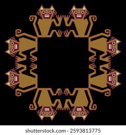 Square geometrical animal frame with stylized cats. Native American ethnic design from ancient Peru. Nazca culture. On black background.