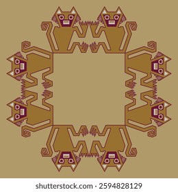 Square geometrical animal frame with stylized cats. Native American ethnic design from ancient Peru. Nazca culture. 
