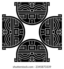 Square geometrical animal ornament with four stylized heads of cat. Native American animal design of ancient Peru. Paracas textile. Black and white silhouette.