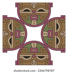 Square geometrical animal ornament with four stylized heads of cat. Native American animal design of ancient Peru. Paracas textile. Isolated vector illustration.