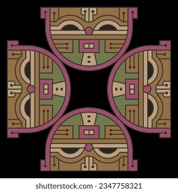 Square geometrical animal ornament with four stylized heads of cat. Native American animal design of ancient Peru. Paracas textile. On black background.