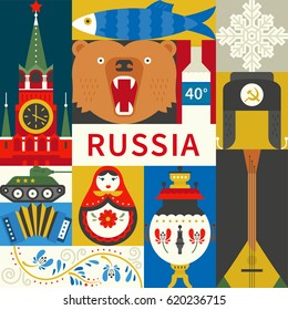 Square geometrical concept with different Russian symbols. Travel to Russia concept.