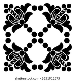 Quadratisches geometrisches Kreuzdesign mit abstrakten Blumenmotiven. Volksmusik. Schwarz-weiße Silhouette.