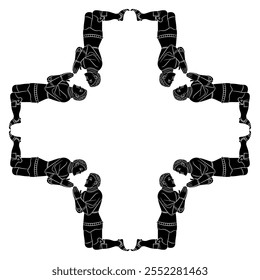 Square geometrical cross shape frame with praying medieval knights in armor. Black and white silhouette.