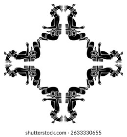 Quadros geométricos quadrados com homens maias sentados. Design indígena indígena indígena indígena indígena. Silhueta em preto e branco.