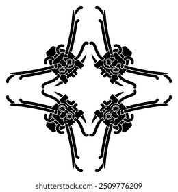 Ornamento o marco de forma de cruz geométrica cuadrada con el dios nórdico escandinavo Loki. Diseño étnico vikingo de Sigtuna, Suecia. Silueta en blanco y negro.