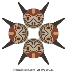 Square geometrical design with four funny horned skulls. Ethnic South American mask. Indigenous Wari or Huari culture from ancient Peru.