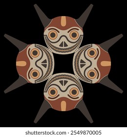 Square geometrical design with four funny horned skulls. Ethnic South American mask. Indigenous Wari or Huari culture from ancient Peru.