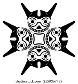 Square geometrical design with four funny horned skulls. Ethnic South American mask. Indigenous Wari or Huari culture from ancient Peru. Black and white silhouette.