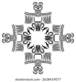 Design geométrico quadrado ou mandala com quatro corujas estilizadas. Símbolo de ave totem russo étnico da antiga Sibéria. Estilo Animal Permiano. Silhueta em preto e branco. 