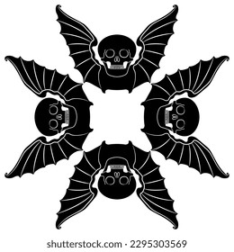 Square geometrical design with winged skulls. Black and white silhouette.