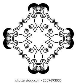 Square geometrical ethnic ornament or frame with stylized human figurines. Indian men. Indigenous Native American design from ancient Peru. Recuay culture. Black and white silhouette.