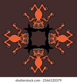 Square geometrical ethnic ornament or frame with stylized human figurines. Indian men. Indigenous Native American design from ancient Peru. Recuay culture. 