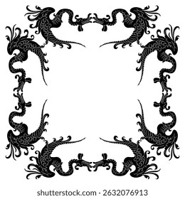 Square geometrical frame with fantastic dragons. Antique motif. Black and white silhouette.