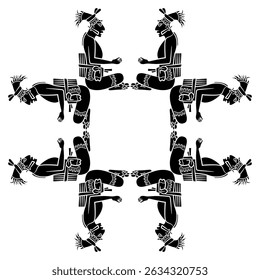 Square geometrical frame with seated Mayan men. Ethnic Native American indigenous design. Black and white silhouette.