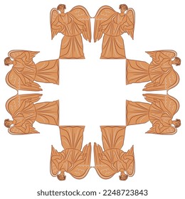 Square geometrical frame with standing ancient Greek angels or winged goddesses. Vase painting style. 