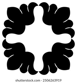Square geometrical frame with stylized flowers. Abstract decorative element. Folk style. Black and white silhouette.